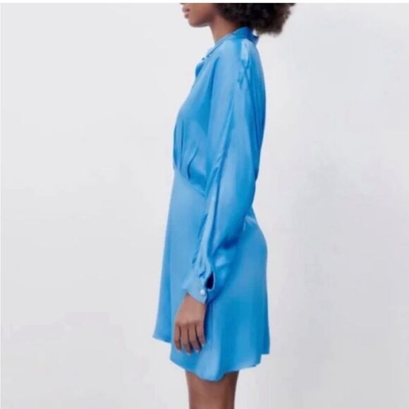 NEW ZARA sky blue Satin Button Up Mini Dress with Gem Detailing - Picture 6 of 13
